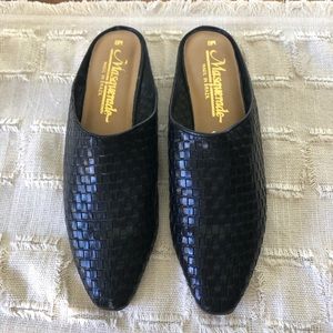 Black woven leather mules